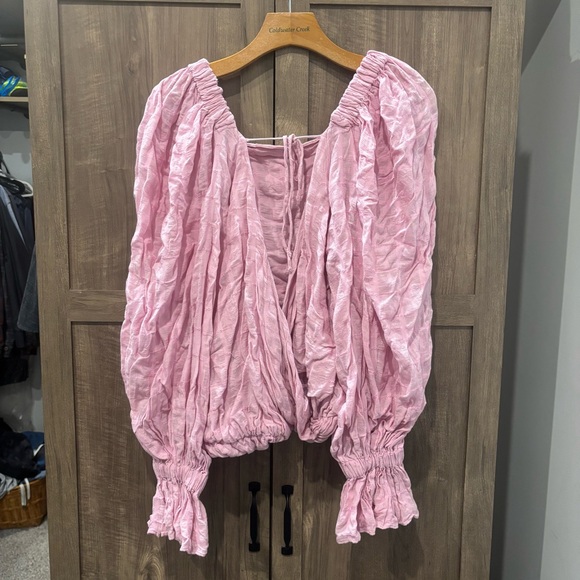 Free People Alicia Top Pink Crinkled Balloon Sleeves Open Tie Back Blouse - Picture 2 of 11